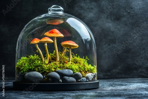 Red-capped amanita muscaria mushrooms thriving in glass terrarium with moss and stones on dark surface photo