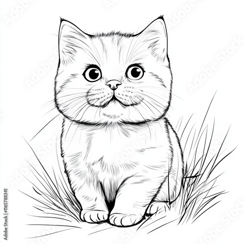 A cute, cartoon-style sketch of a fluffy cat sitting in grass, featuring large eyes and a rounded face.