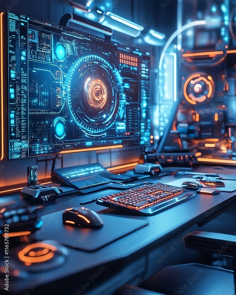 Fototapeta premium Innovative technology A sleek, modern workspace with AIpowered devices and futuristic tools, representing creative tech solutions