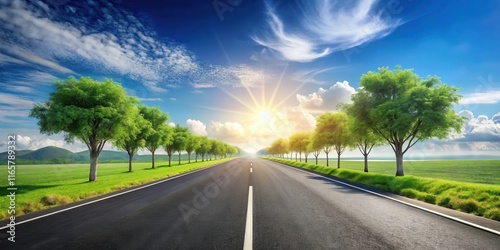 A scenic asphalt road lined with green trees stretches towards a brilliant sun shining through fluffy white clouds, promising a journey full of adventure and possibility.