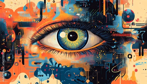 Abstract cybernetic eye surrounded by swirling digital elements, vibrant color contrasts, and intricate geometric patterns photo