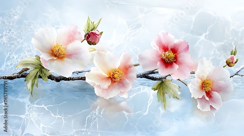 Elegant Pink and White Flowers on Blue Marble Background