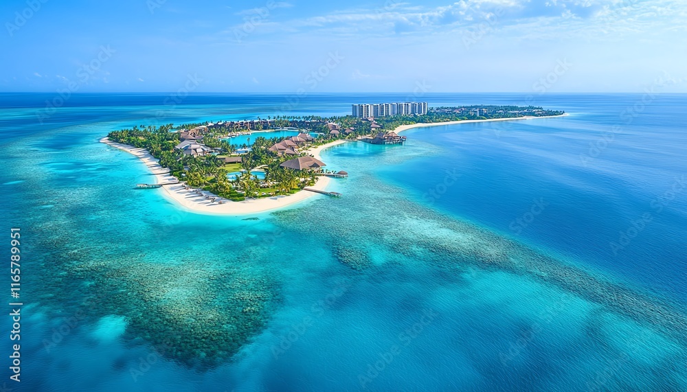 Obraz premium Breathtaking Maldives aerial shot showcasing a luxury tropical resort with overwater villas, clear turquoise water, and palmlined sandy beaches