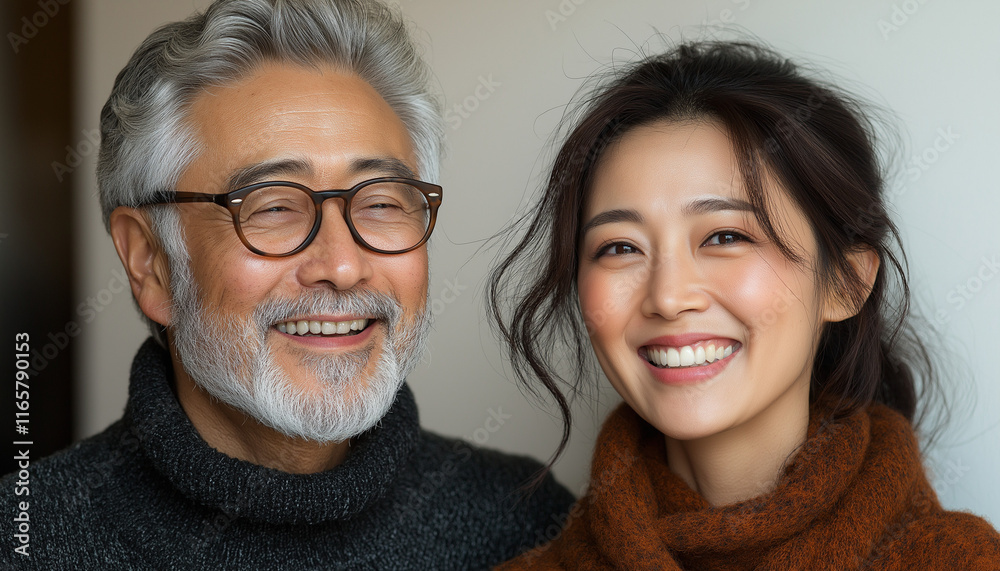 Smiling Together: A heartwarming portrait of an Asian couple, radiating genuine happiness and warmth. Their shared joy creates a sense of connection and love. Smiling Together: A heartwarming portrait of an Asian couple, radiating genuine happiness and warmth. Their shared joy creates a sense of connection and love.