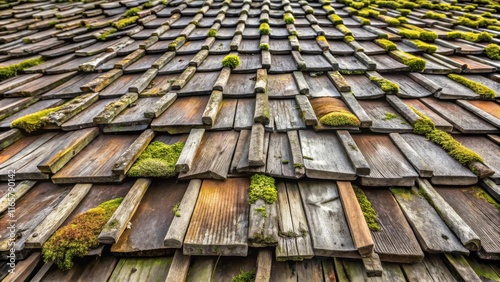 A weathered wooden roof, covered in moss, displays the natural beauty of time and decay