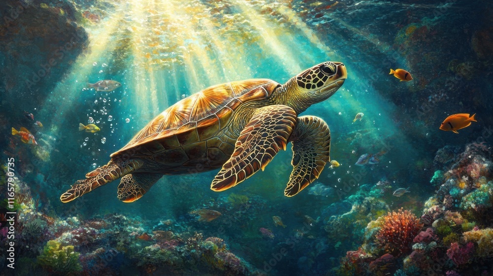Obraz premium A majestic sea turtle gracefully gliding through crystal-clear water, with beams of sunlight streaming down and colorful fish swimming nearby.