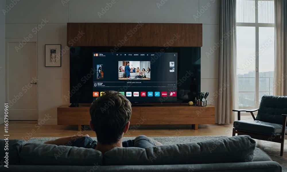 Modern living room setup with TV streaming entertainment, cozy interior 