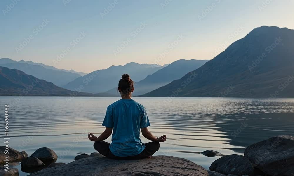 Woman meditating by the lake at sunset, peaceful retreat concept Woman meditating by the lake at sunset, peaceful retreat concept
