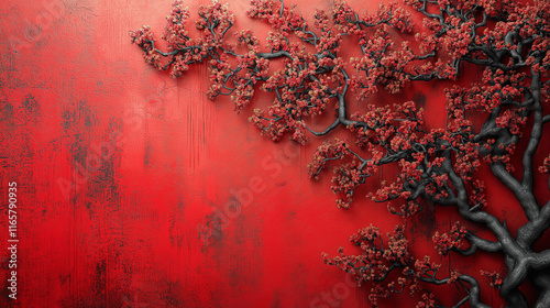 Crimson Bloom: A dramatic, stylized photograph of a black tree branch with red blossoms silhouetted against a vibrant red background. The image evokes a sense of mystery and intrigue.