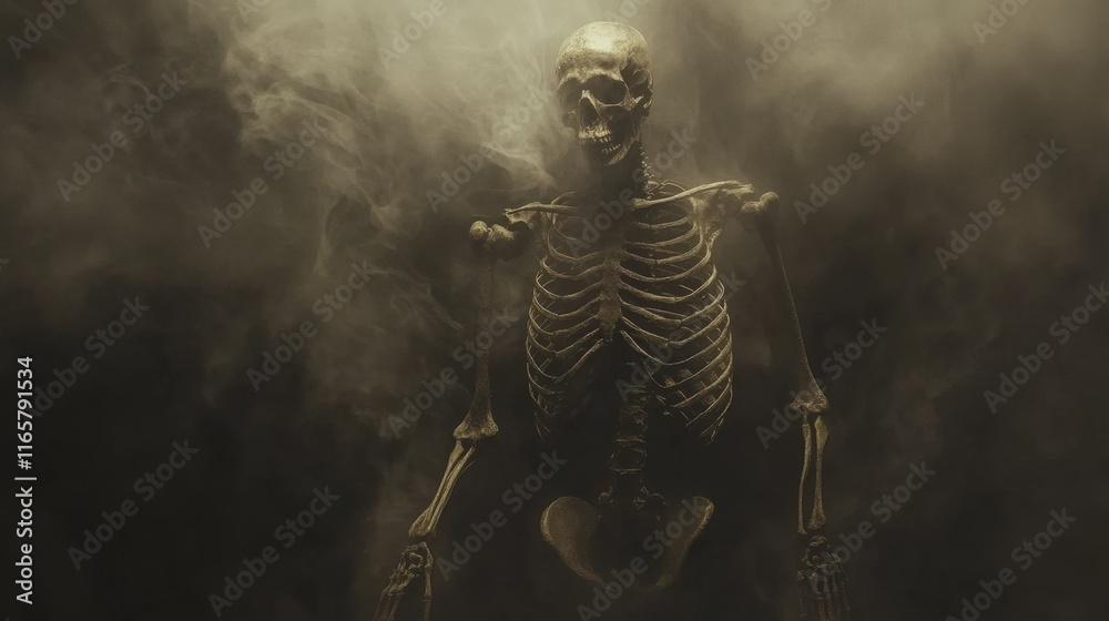 A skeletal figure emerging from a dark fog, with only its bones illuminated by dim, flickering light, creating an eerie atmosphere. A skeletal figure emerging from a dark fog, with only its bones illuminated by dim, flickering light, creating an eerie atmosphere.