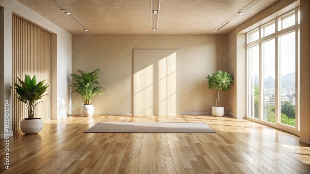 Fototapeta premium A Minimalist Interior Design with Wooden Flooring, Beige Walls, and Natural Light Streaming Through Large Windows