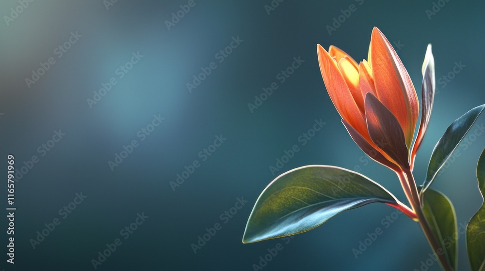 Serene Bloom: A Single Orange Flower Against a Teal Background Serene Bloom: A Single Orange Flower Against a Teal Background