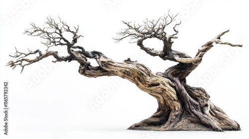 An old, dying tree with cracked bark and twisted limbs, the remnants of leaves barely clinging to its branches, on a blank, white background. photo