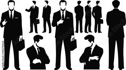 Silhouettes of Businessman character in different poses. Business man in formal suit standing front, back, rear, side view, pointing, thinking. Vector black illustrations on white background