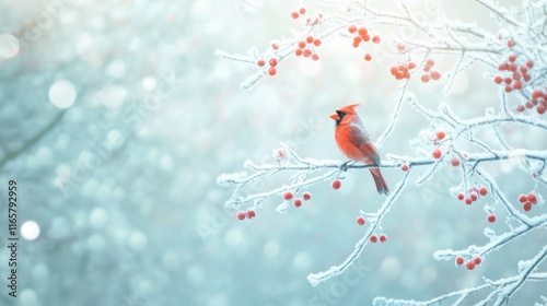 Red cardinal bird on a frosty tree branch with snow red berries in winter, Holiday and Christmas web banner with copy space photo