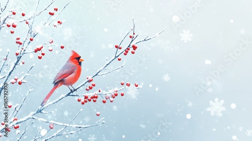 Red cardinal bird on a frosty tree branch with snow red berries in winter, Holiday and Christmas web banner with copy space photo
