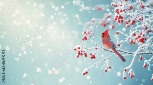 Red cardinal bird on a frosty tree branch with snow red berries in winter, Holiday and Christmas web banner with copy space photo