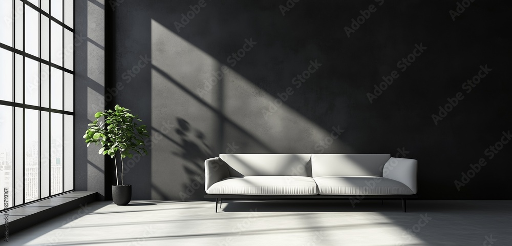Obraz premium Spacious black room, sleek minimalist design, soft shadows, and clean lines defining contemporary space.