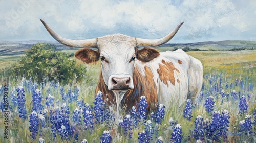 Texas Longhorn cow in a field of bluebonnets in spring