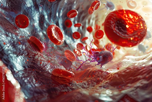 Blood vessel interior with red blood cells and white blood cells visible through a translucent plasma environment photo