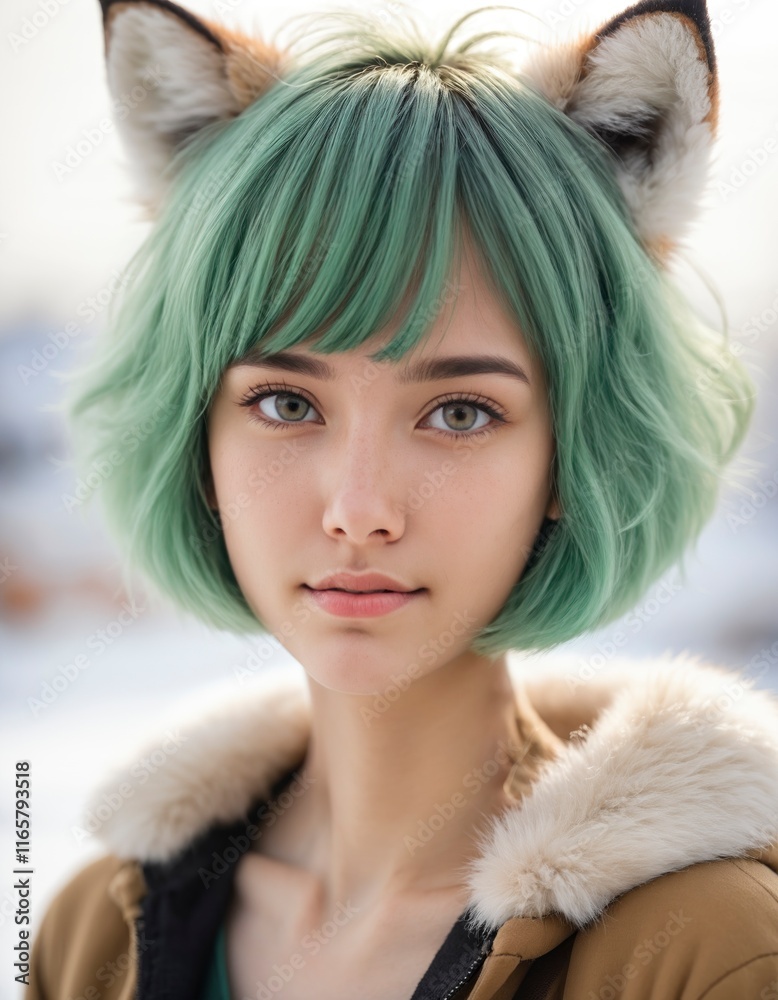 girl portrait with green hair and foxy ear girl portrait with green hair and foxy ear