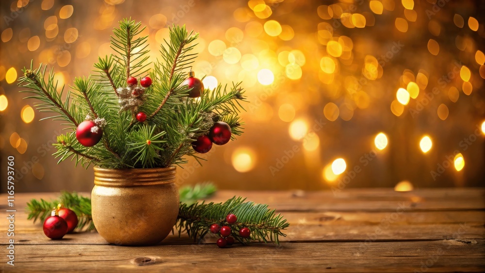 Fototapeta premium Festive Evergreen Branch in a Gold Pot with Red Ornaments and a Rustic Wood Background