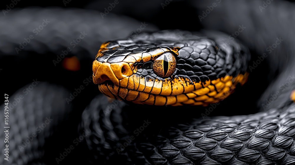 A close up of a black snake with yellow eyes A close up of a black snake with yellow eyes