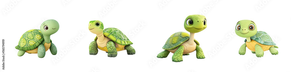 Obraz premium A series of four colorful, plush turtle toys in various poses, showcasing their cute features and playful design.