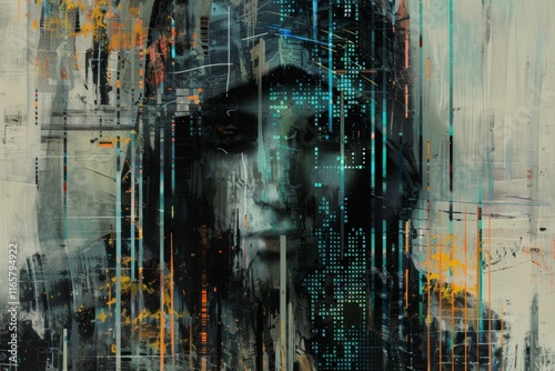 A fragmented digital portrait of a hooded figure, features obscured by glitches, surrounded by corrupted code fragments