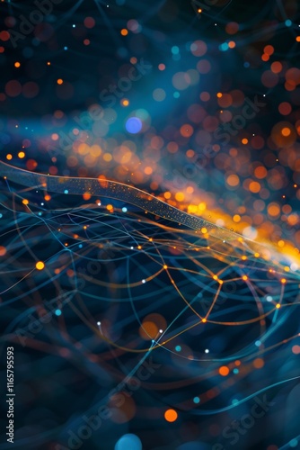 Abstract visualization of network traffic, swirling shapes and colors representing data packets flowing to the cloud