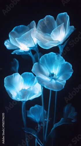 In the darkness, bioluminescent flowers glow in blue and teal hues on black background