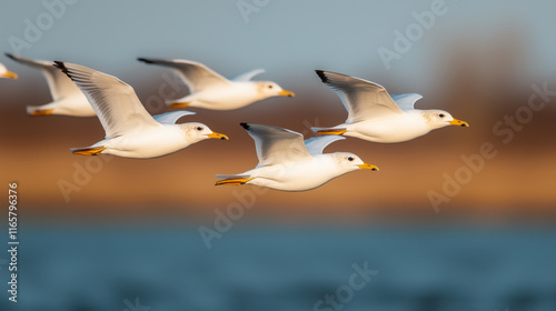 Seagulls in synchronized flight over water with a golden sunset backdrop  photo