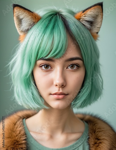 girl portrait with green hair and foxy ear photo