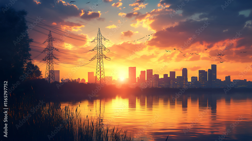 Naklejka premium A cityscape powered by efficient renewable energy sources during sunrise (3)