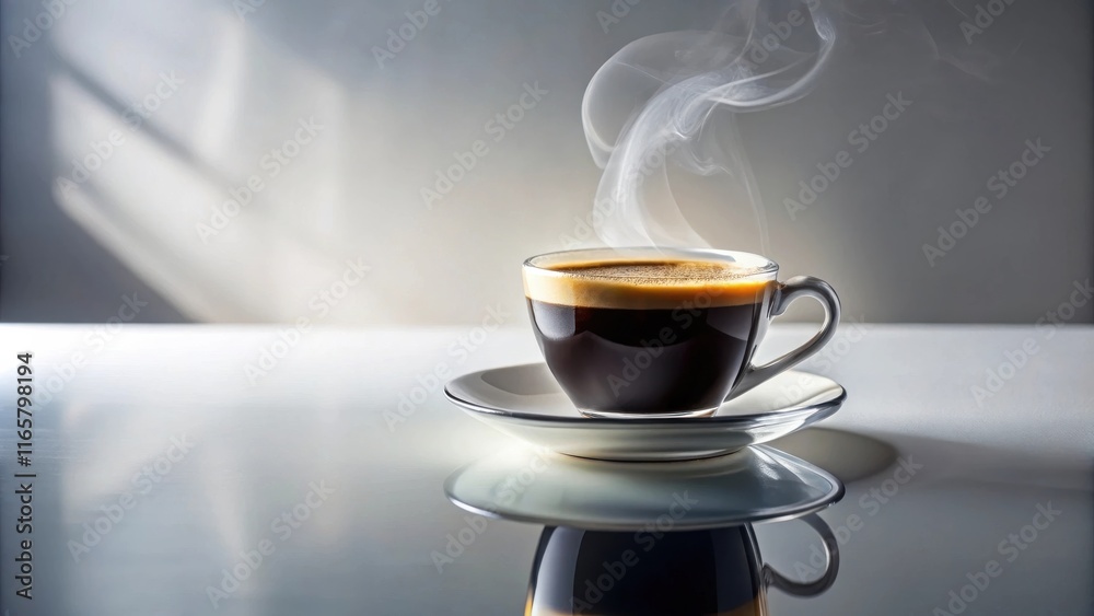 A single cup of freshly brewed coffee with steam rising from the surface, resting on a pristine white saucer, illuminated by soft natural light, creating a subtle reflection on the smooth tabletop. A single cup of freshly brewed coffee with steam rising from the surface, resting on a pristine white saucer, illuminated by soft natural light, creating a subtle reflection on the smooth tabletop.