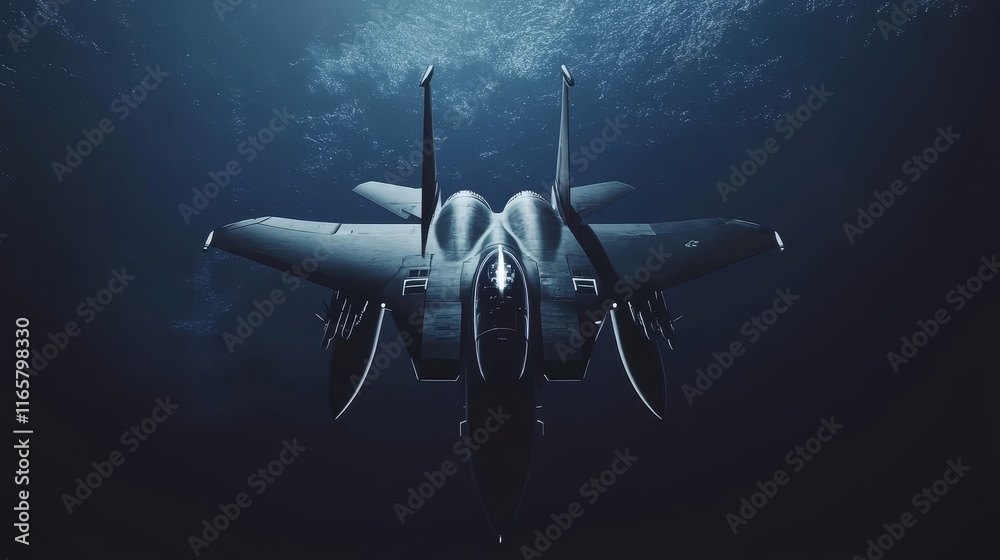Naklejka premium Futuristic Fighter Jet Soaring in the Deep Blue Night Sky. Advanced Military Aircraft Representing Power, Speed, and Precision in Modern Aviation Technology