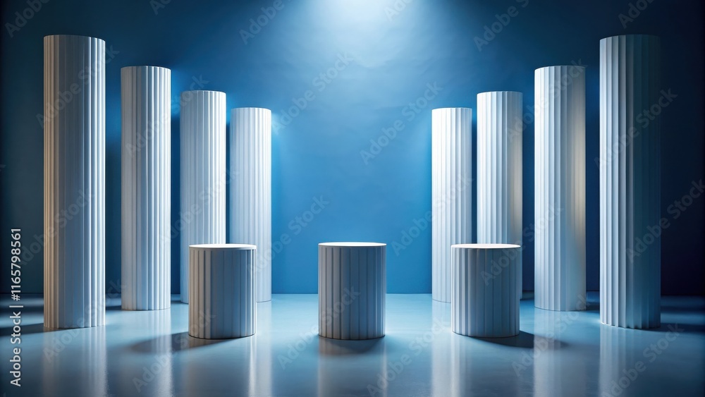 Minimalist Blue and White Architectural Podium Setup with Fluted Columns for Product Display and Branding Minimalist Blue and White Architectural Podium Setup with Fluted Columns for Product Display and Branding