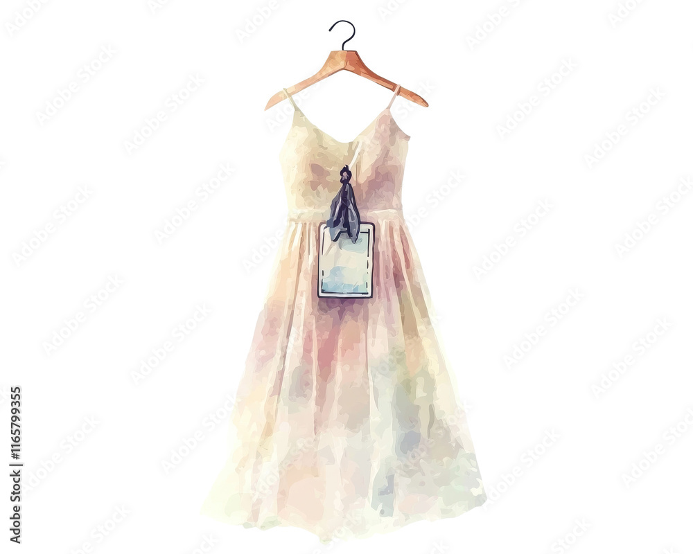 Naklejka premium A delicate dress hanging on a wooden hanger, soft colors and elegant design.