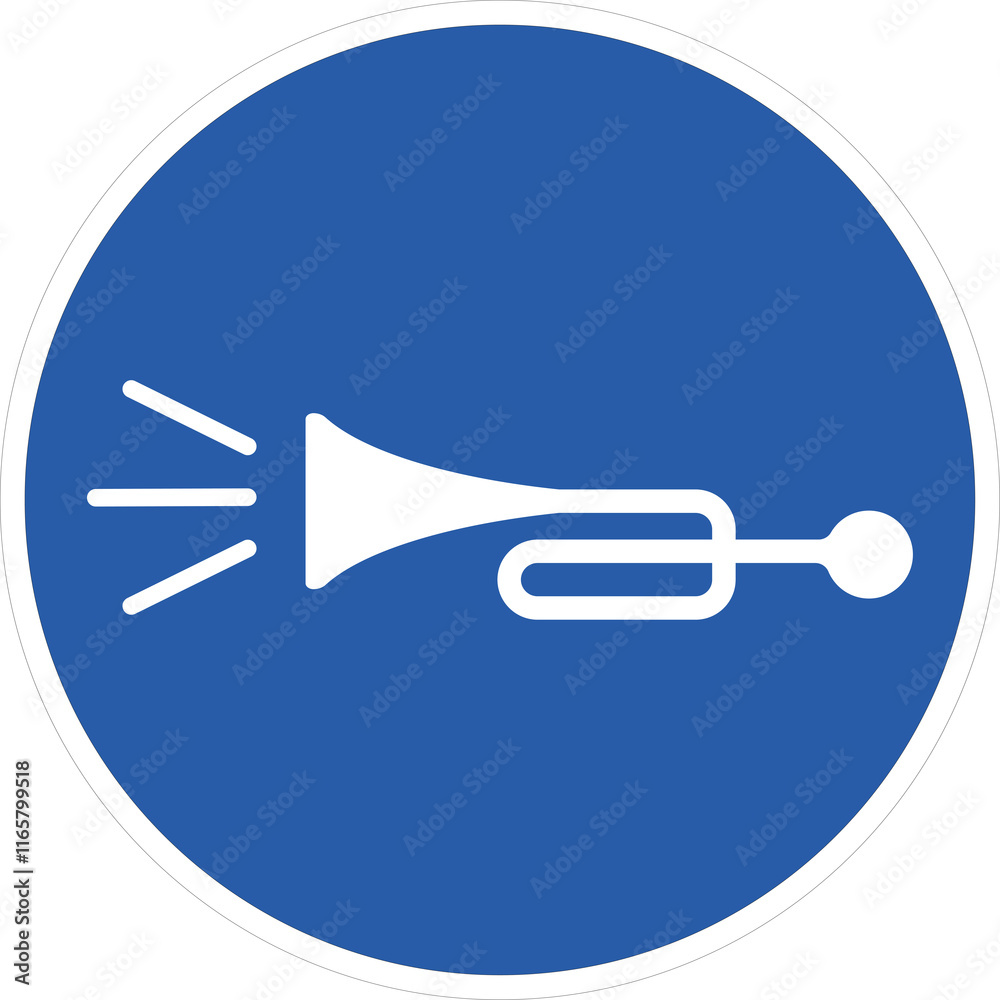 A blue round traffic sign with a trumpet icon, indicating A blue round traffic sign with a trumpet icon, indicating