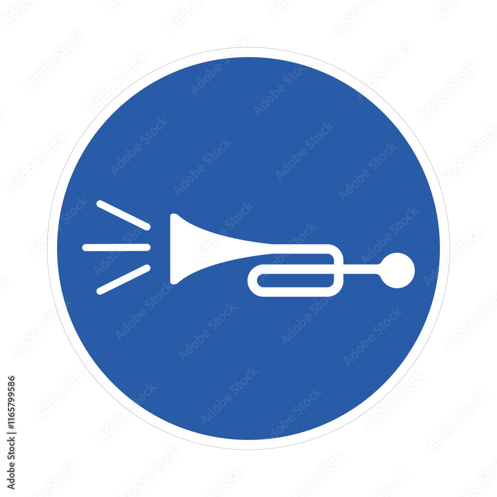 A blue round traffic sign with a trumpet icon, indicating 