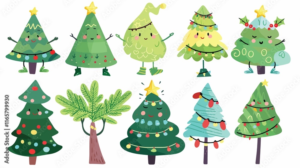 Whimsical Isolated Christmas Tree Characters Set for Seasonal Design Projects Whimsical Isolated Christmas Tree Characters Set for Seasonal Design Projects