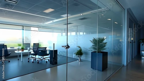 A large open office space with a glass wall and a potted plant in the middle. The room is filled with chairs and a desk, and there are several potted plants scattered throughout the space