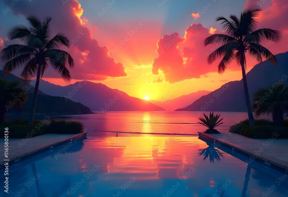 Obraz premium A tropical sunset over a pool with palm trees in the foreground, mountains in the background, and a vibrant sky with clouds A serene sunrise over a lake with willows in the foreground, hills.