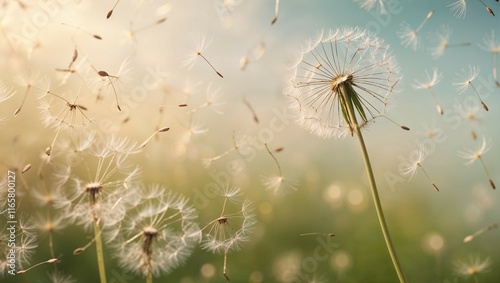 The fluffy white seed head of a dandelion, a common yet beautiful weed, disperses its seeds on the wind, carried across the green meadow towards the blue summer sky photo