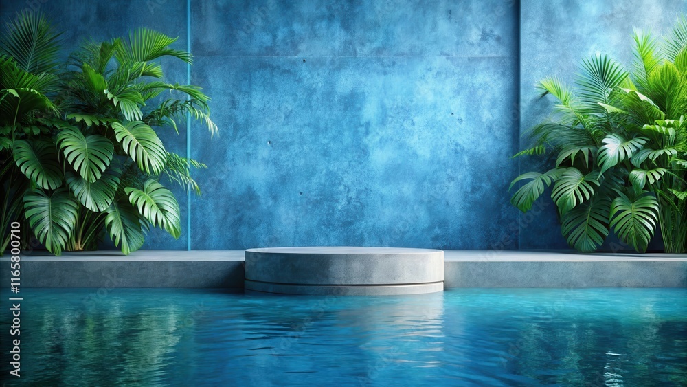 Fototapeta premium A Minimalist Concrete Platform Floating Above a Tranquil Blue Pool, Framed by Lush Tropical Greenery