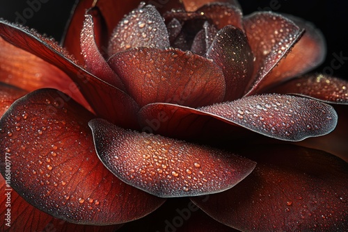 Close-up of a dark red flower with water droplets on its petals.