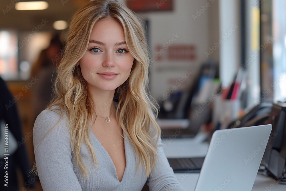 A photo of a businesswoman working on her laptop in a white office, wearing a light grey shirt and having blonde hair.
A photo of a businesswoman working on her laptop in a white office, wearing a light grey shirt and having blonde hair.