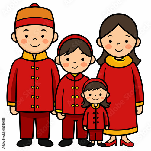  A family wearing Chinese new year clothes on white background