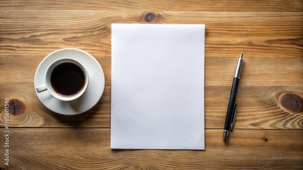 A blank sheet of paper, a cup of coffee, and a pen on a wooden desk, ready for inspiration and creativity. A blank sheet of paper, a cup of coffee, and a pen on a wooden desk, ready for inspiration and creativity.