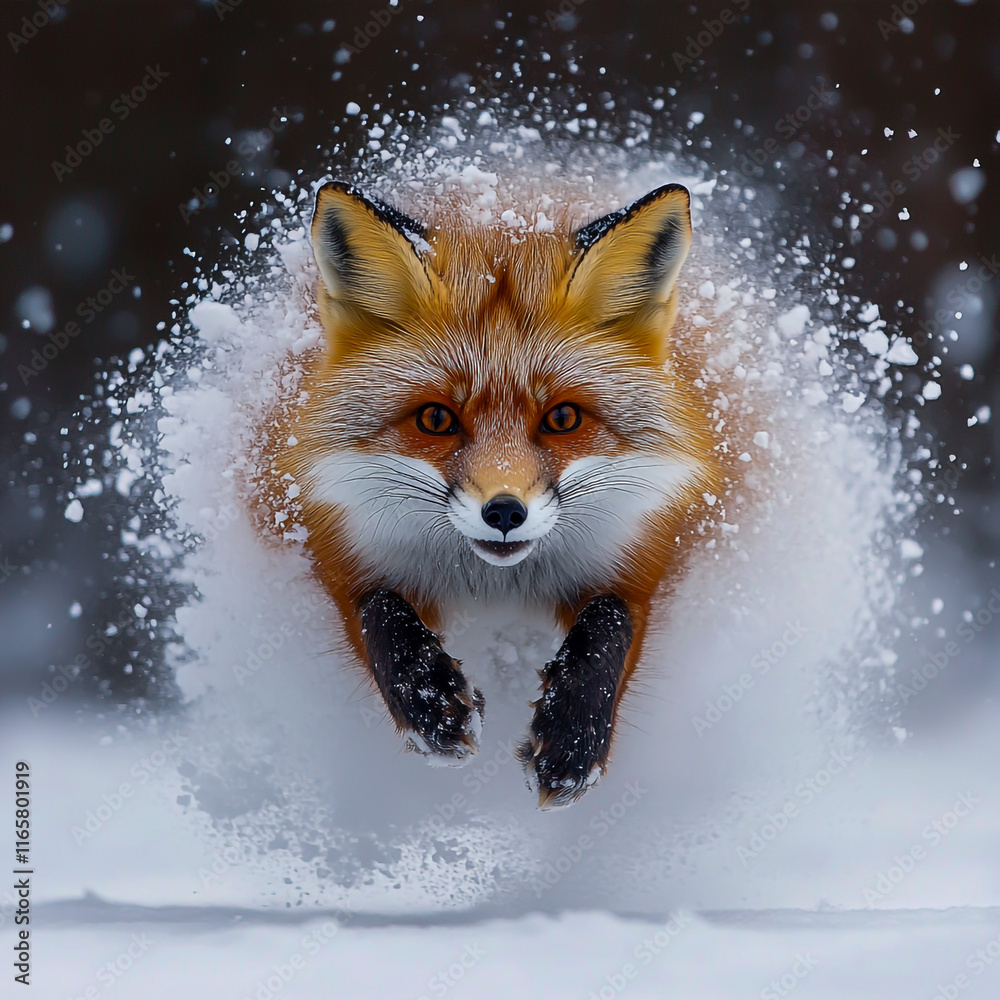 Fototapeta premium A red fox running through the snow, motion capture, winter landscape, fast movement, wildlife.
